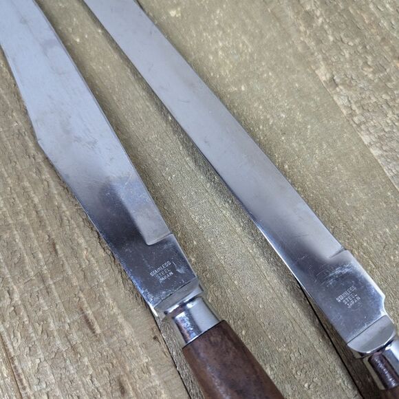 Mid-Century Modern Wood Handle Knife Set – Vintage Stainless Steel 13” & 15” - Picture 4 of 6
